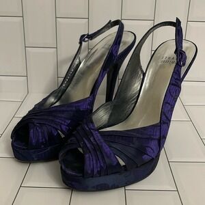 Stuart Weitzman Purple Floral Satin Peep Toe Slingback Platform Heels 7.5M